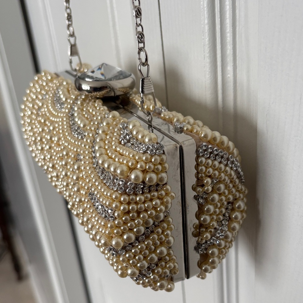 Pearl-Embellished Evening Clutch with Crystal Accent - Ivory/Champagne - Picture 3 of 5